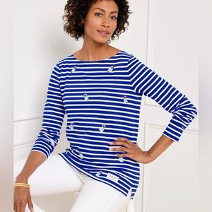 Talbots Nautical Stripes Cotton Top Pullover embroidered‎ Frenchie Authentic L